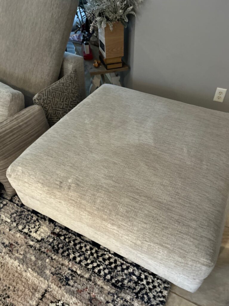 carpet masters doing an upholstery cleaning project on a cushion in a living room setting.
